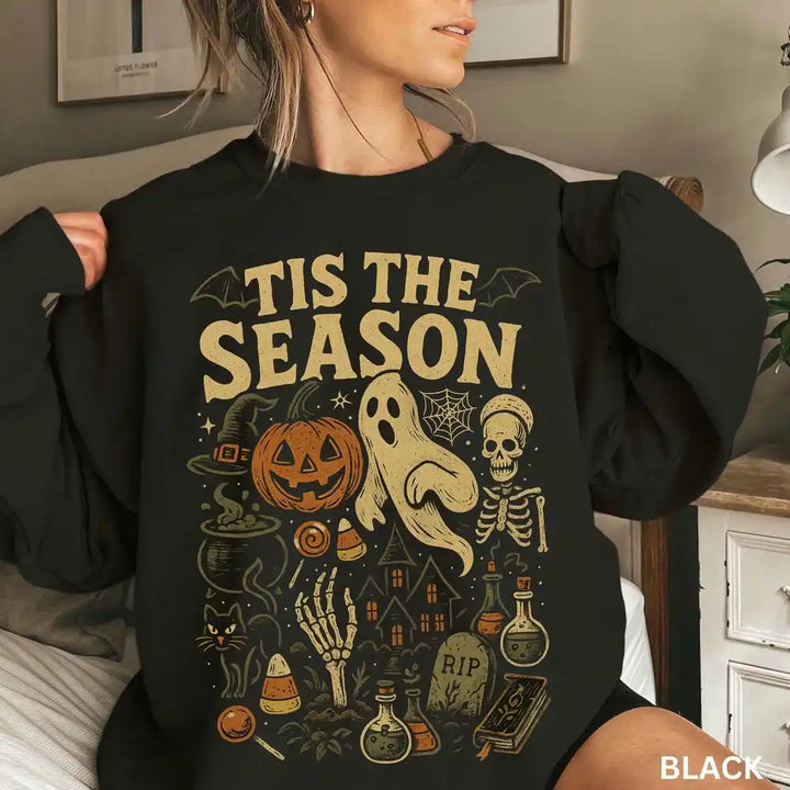 Tis The Season Halloween Print Black Sweatshirt