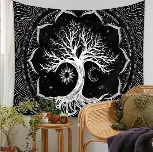 Tree Mandala Black & White Tapestry
