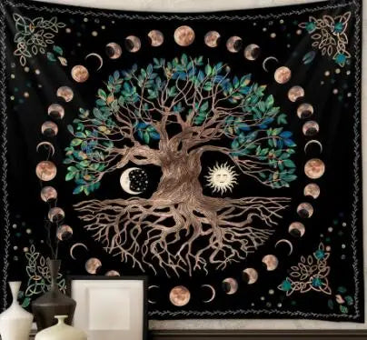 Tree Moon Phase Black Tapestry