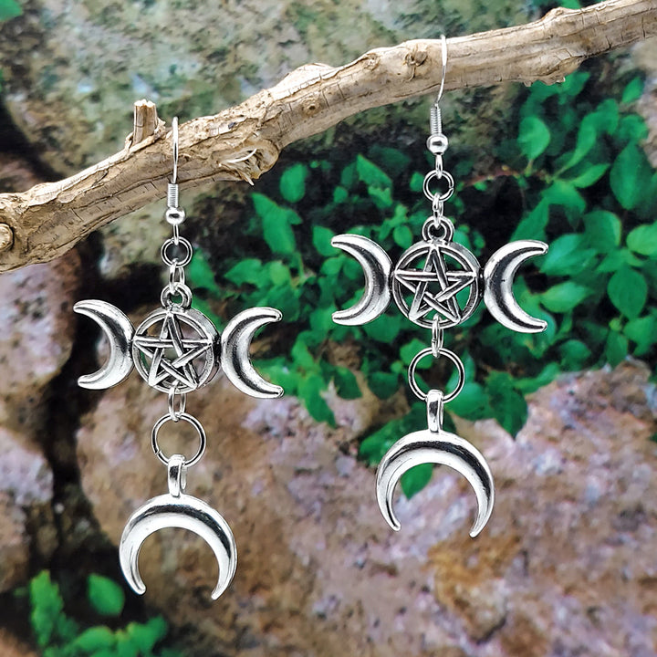 Triple Crescent Moon Pentacle Dangle Earrings