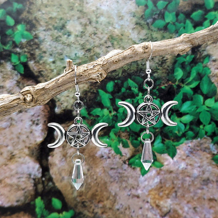Triple Moon Crystal Silver Earrings