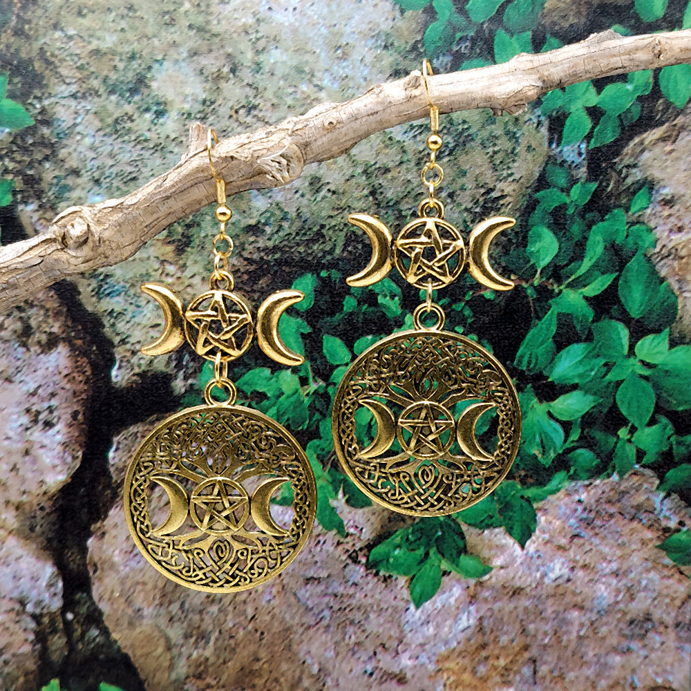 Triple Moon Gold Tree Dangle Earrings