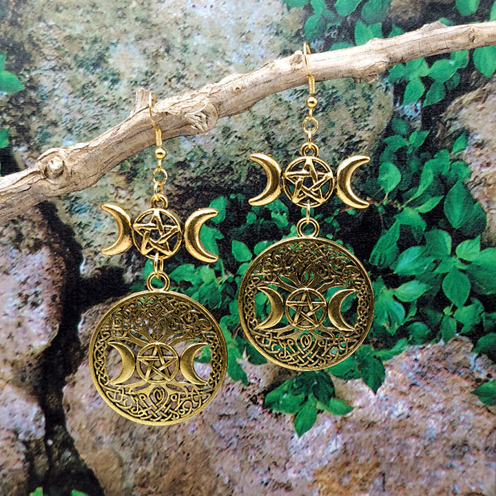 Triple Moon Gold Tree Dangle Earrings