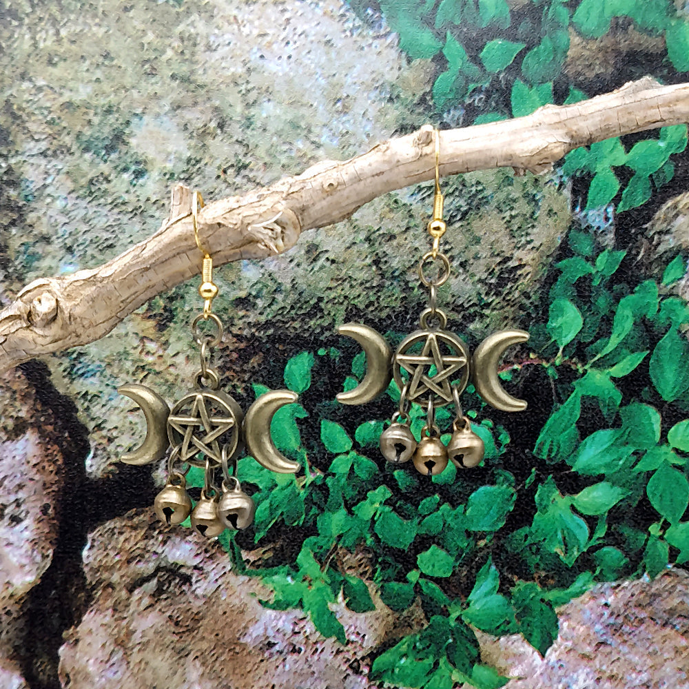 Triple Moon Pentacle Bell Earrings
