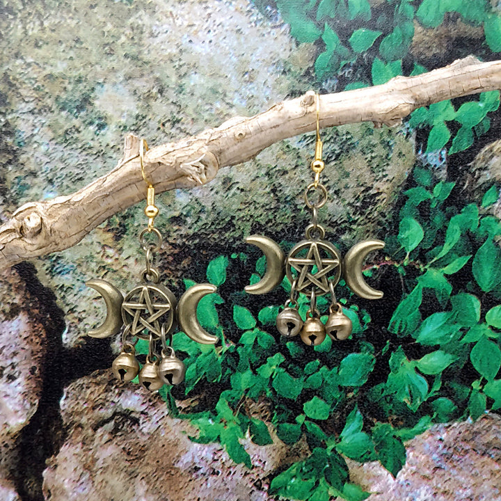 Triple Moon Pentacle Bell Earrings