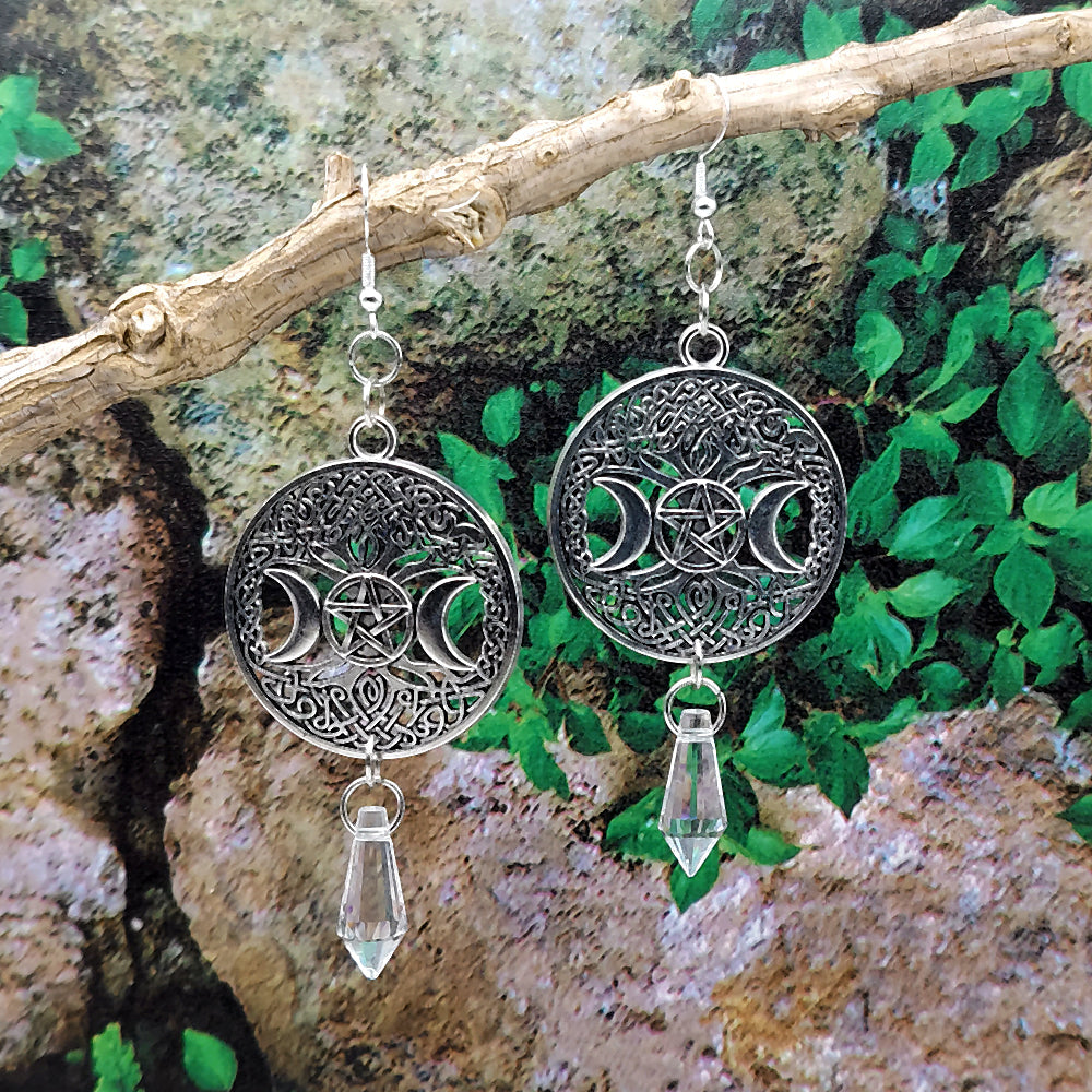 Triple Moon Pentacle Crystal Silver Earrings