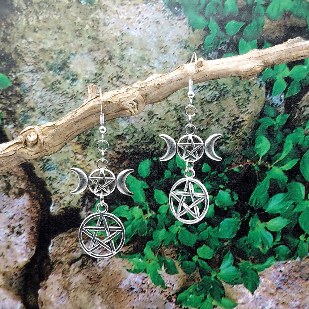 Triple Moon Pentacle Dangle Earrings
