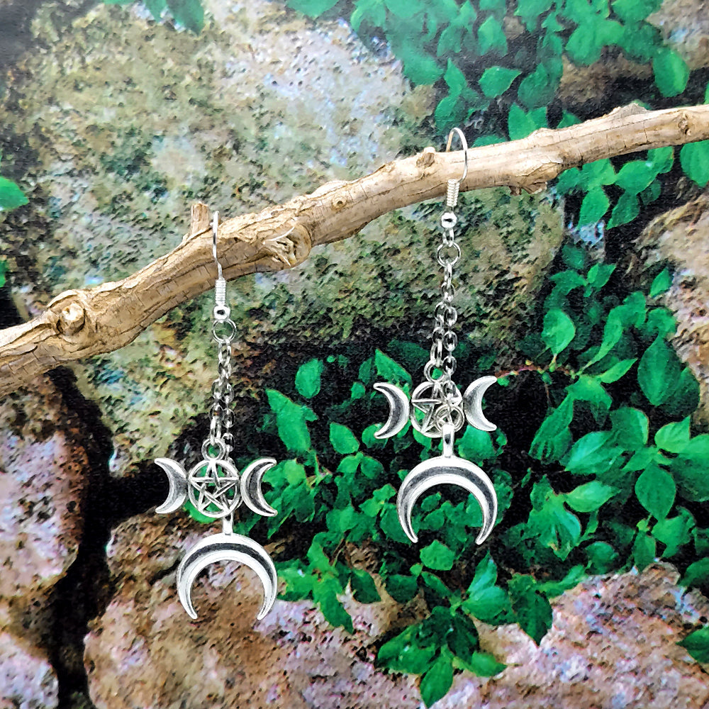 Triple Moon Pentacle Dangle Silver Earrings