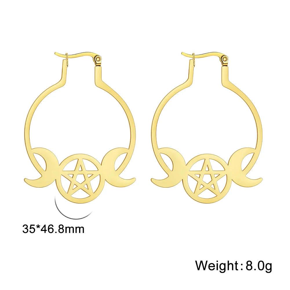 Triple Moon Pentacle Hoop Gold Earrings