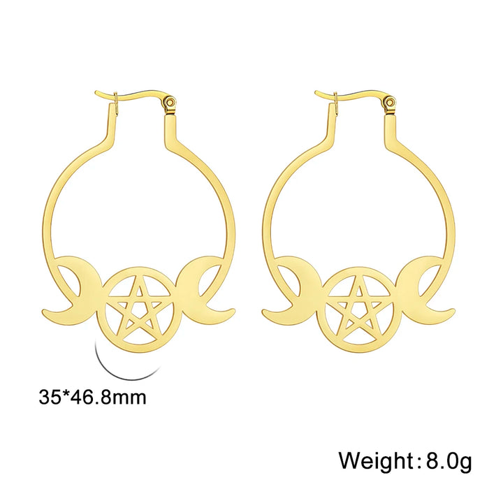 Triple Moon Pentacle Hoop Gold Earrings