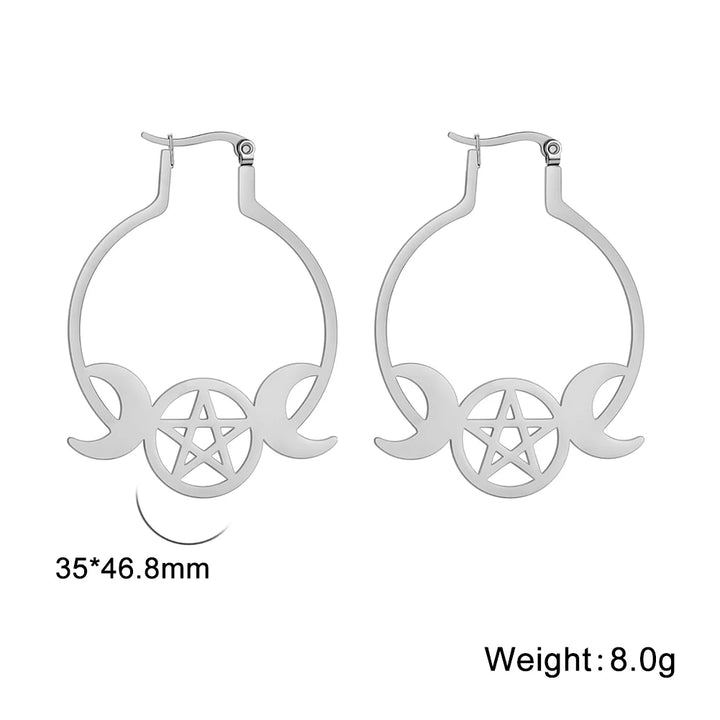 Triple Moon Pentacle Hoop Silver Earrings