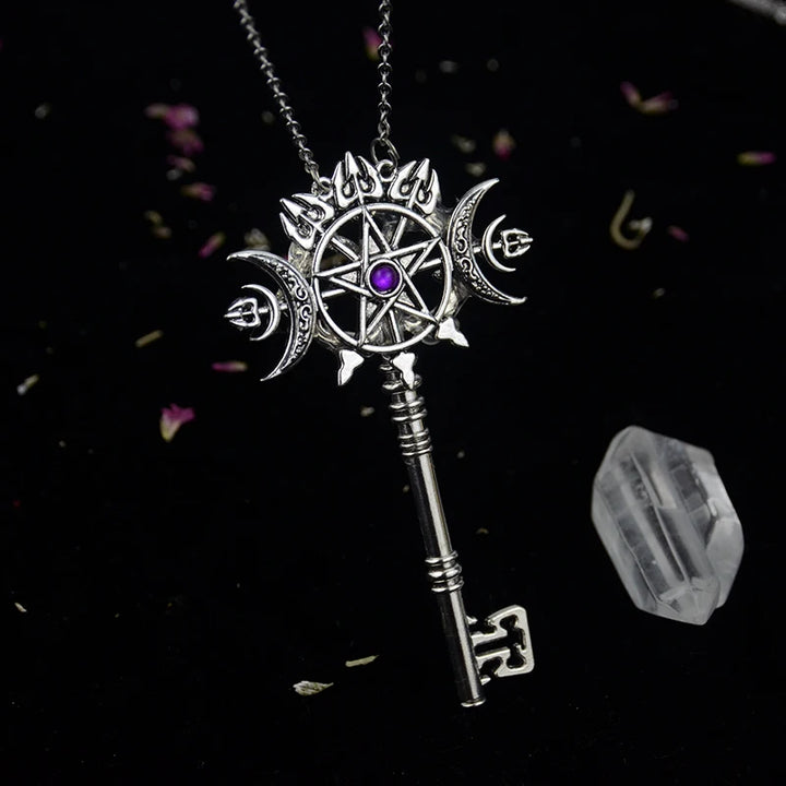 Triple Moon Pentacle Key Necklace