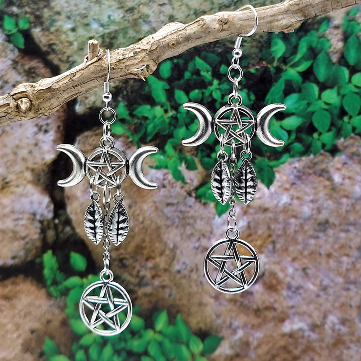 Triple Moon Pentacle Leaf Earrings