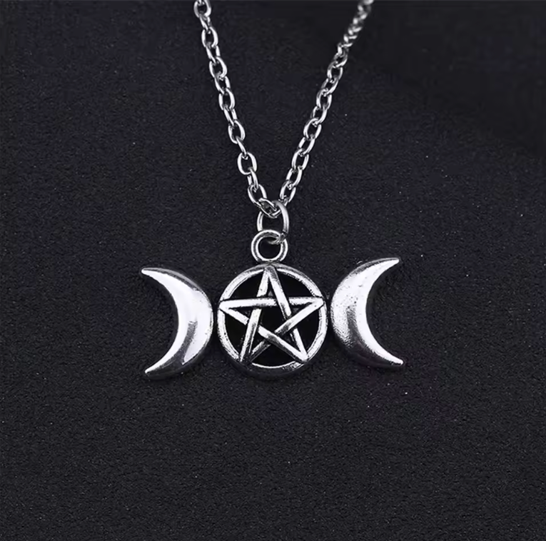 Triple Moon Pentacle Silver Necklace