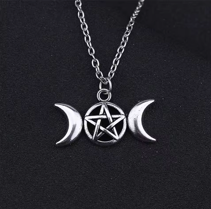 Triple Moon Pentacle Silver Necklace