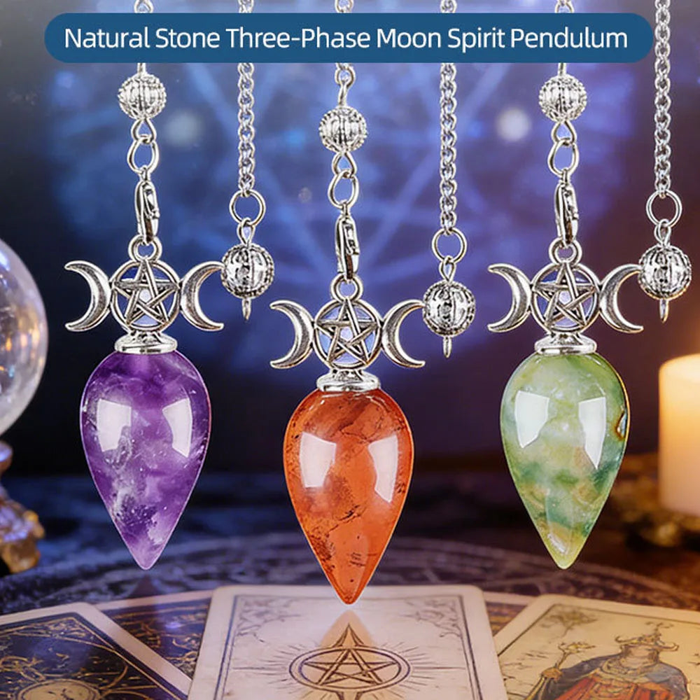 Triple Moon Pentacle Teardrop Crystal Pendulums