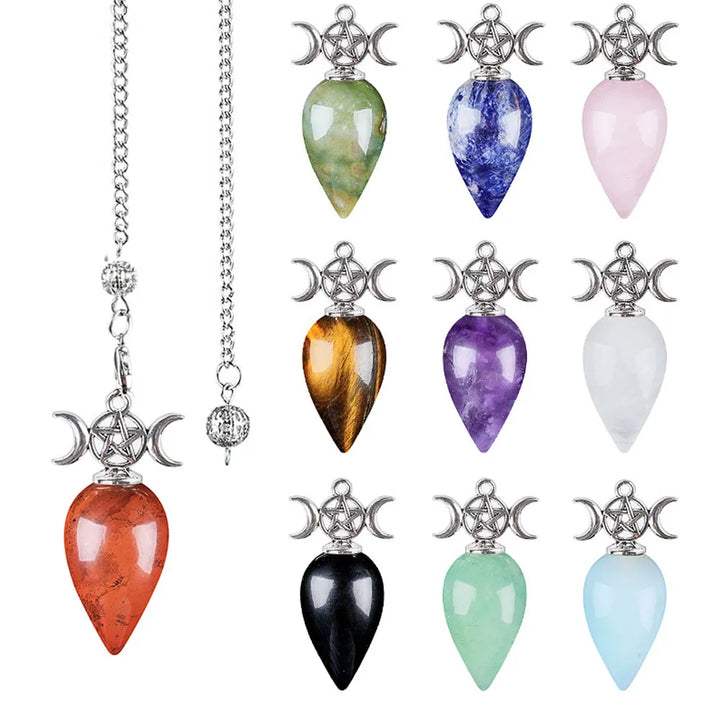 Triple Moon Pentacle Teardrop Stone Pendulums