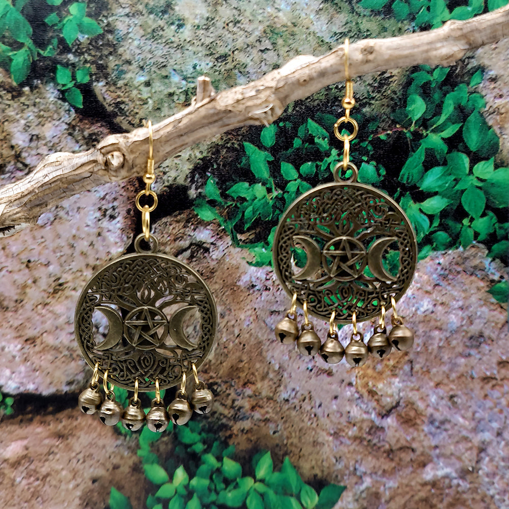 Triple Moon Pentacle Tree Brass Bell Earrings