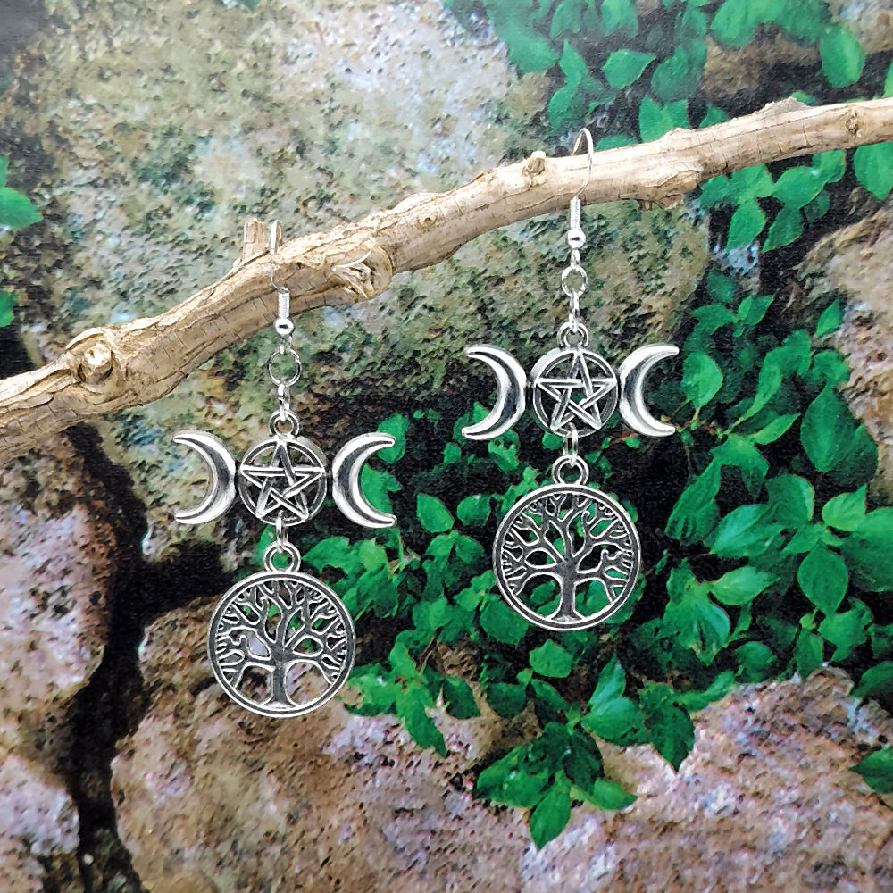 Triple Moon Tree Dangle Earrings