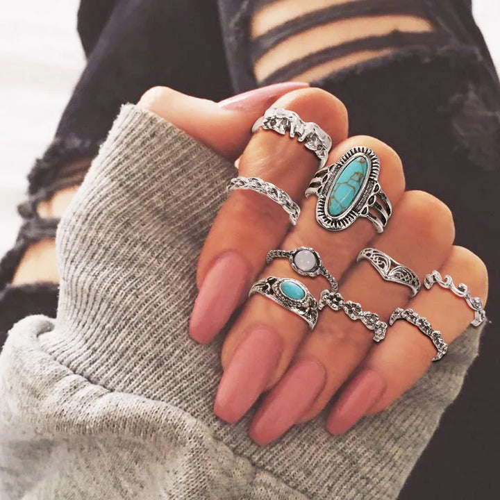 Turquoise Boho Ring Set