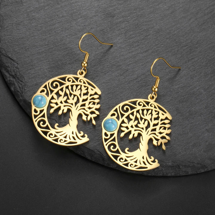 Turquoise Celtic Tree Moon Gold Earrings