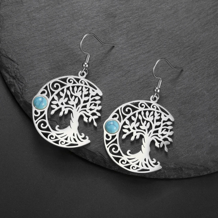 Turquoise Celtic Tree Moon Silver Earrings