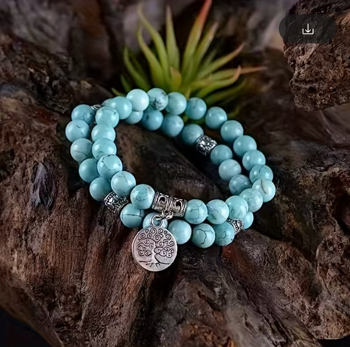 Turquoise Tree Charm Bead Bracelet Set