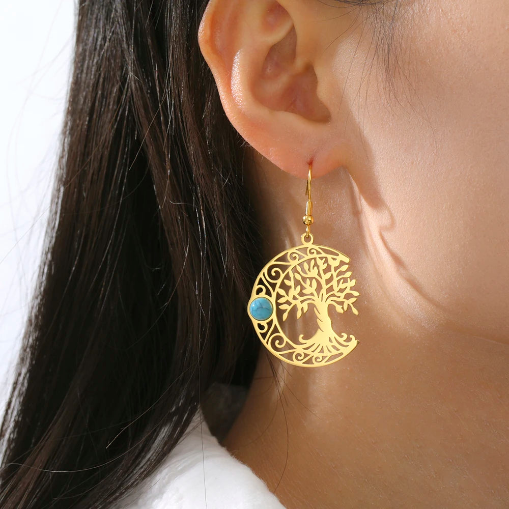 Turquoise Tree Moon Earrings