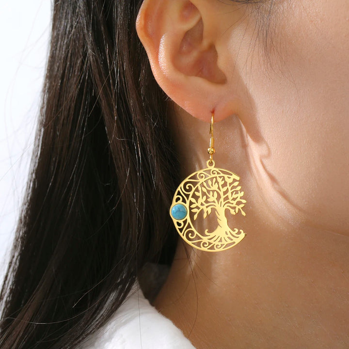 Turquoise Tree Moon Earrings