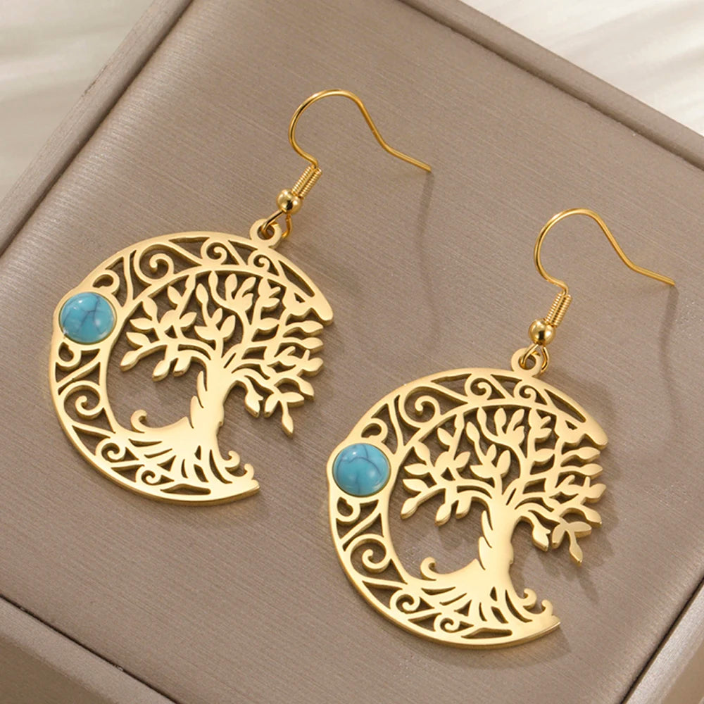 Turquoise Tree Moon Gold Earrings