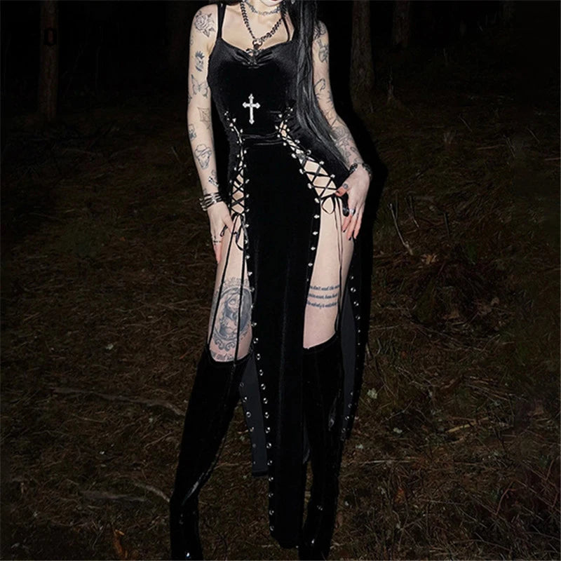 Velvet High Split Black Dress