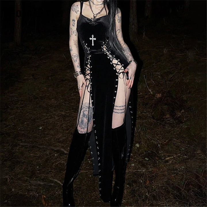 Velvet High Split Black Dress