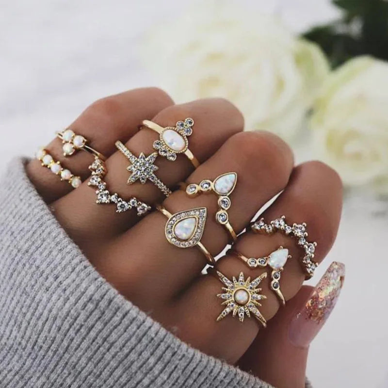 White Gold Boho Ring Set
