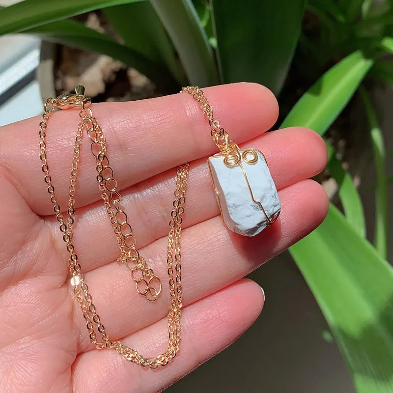 White Howlite Wire Wrap Gold Necklaces