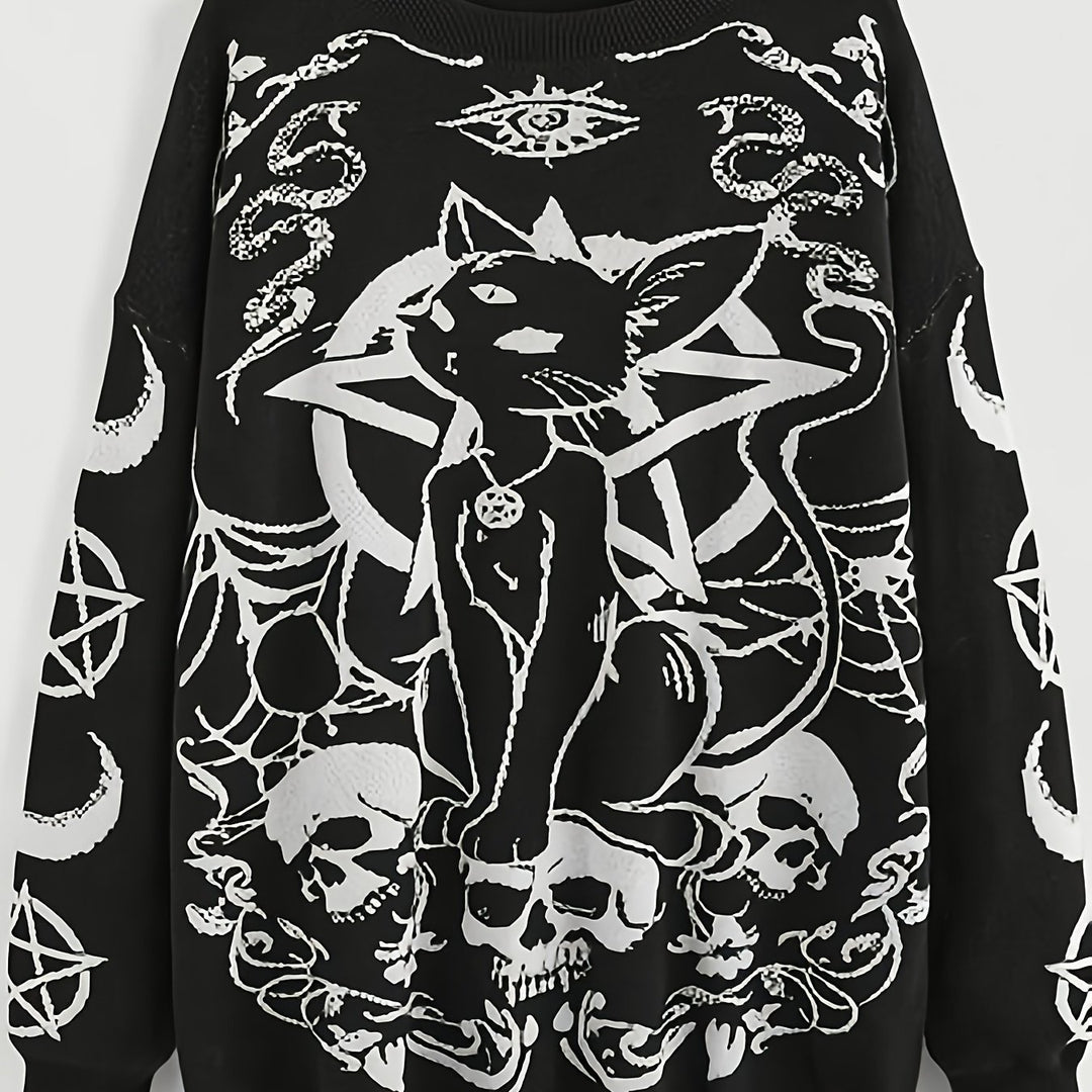 Witch Pentacle Skull Cat Black Sweater