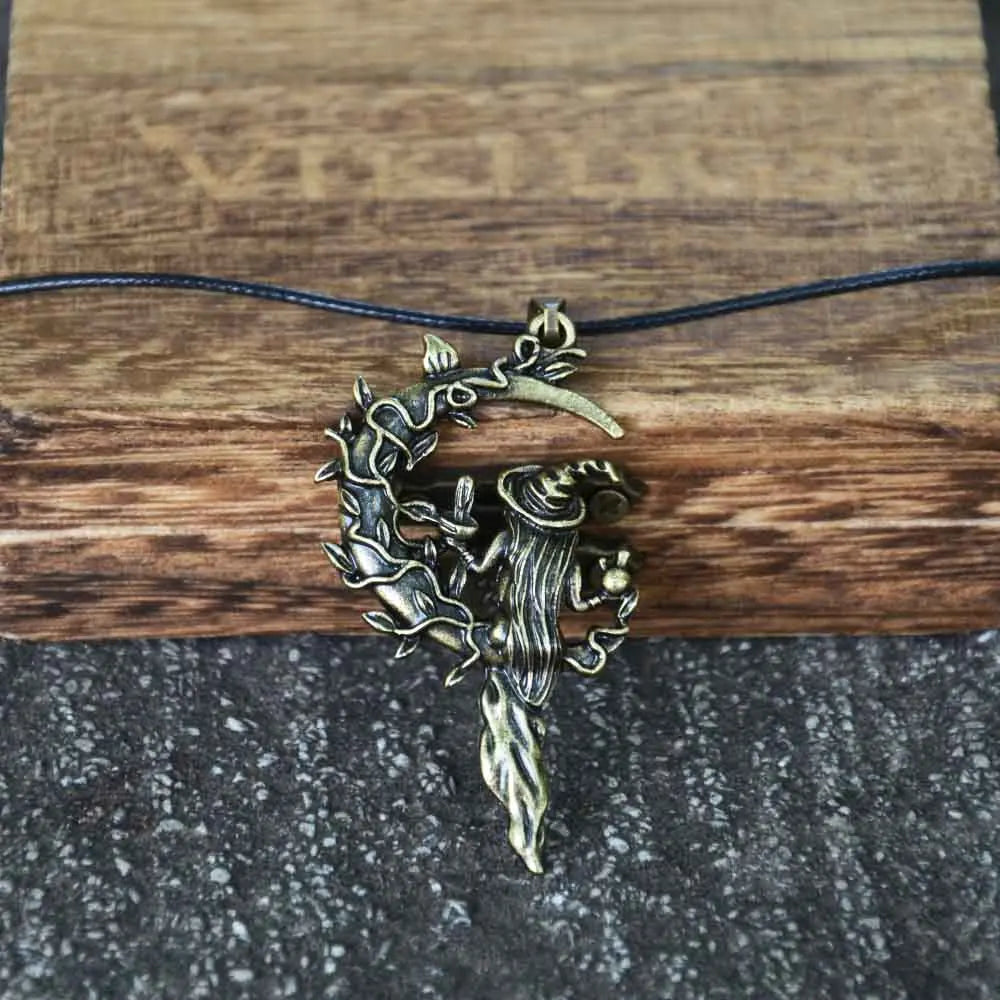 Witch Sitting On Moon Bronze Necklace