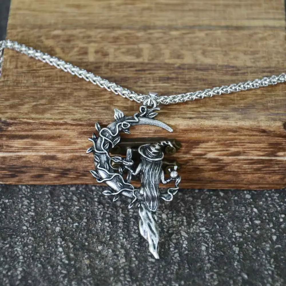 Witch Sitting On Moon Silver Chain Necklace