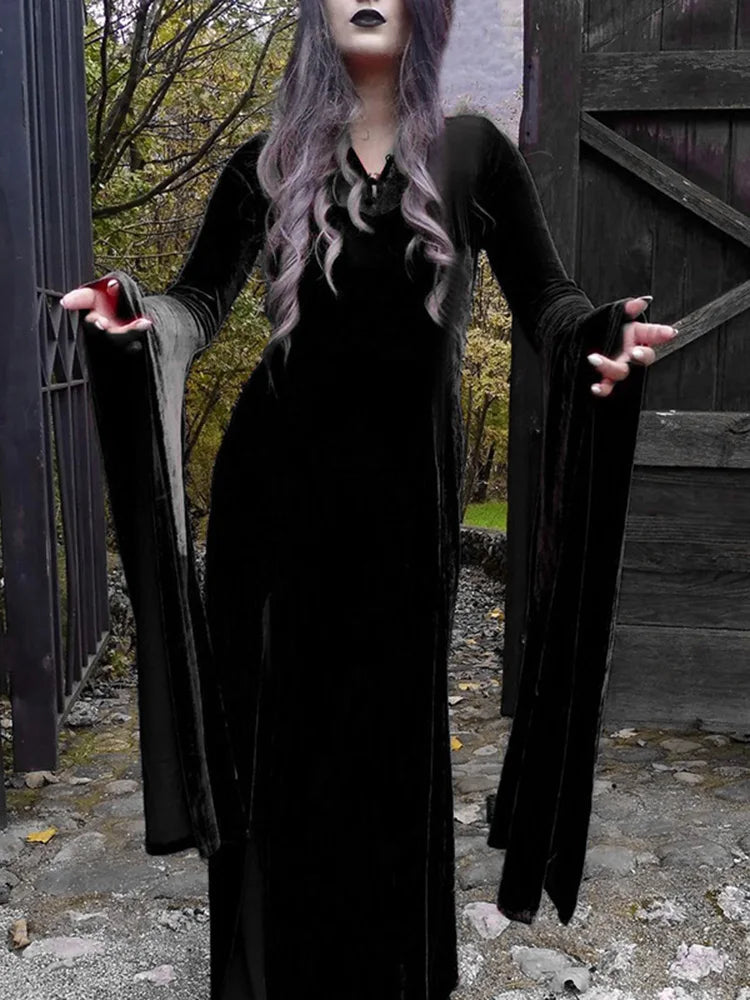 Witchy Black Lace Velvet Dress