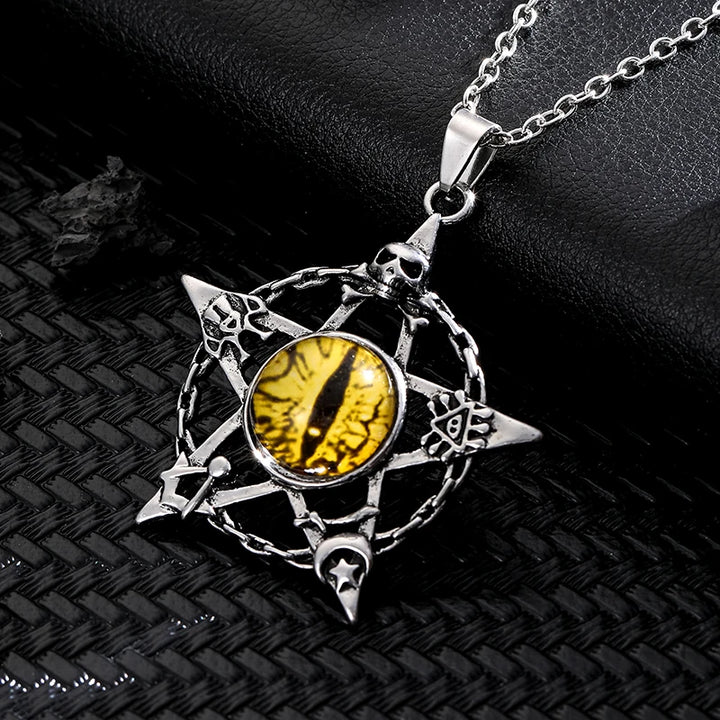 Yellow Dragon Eye Pentacle Skull Necklace