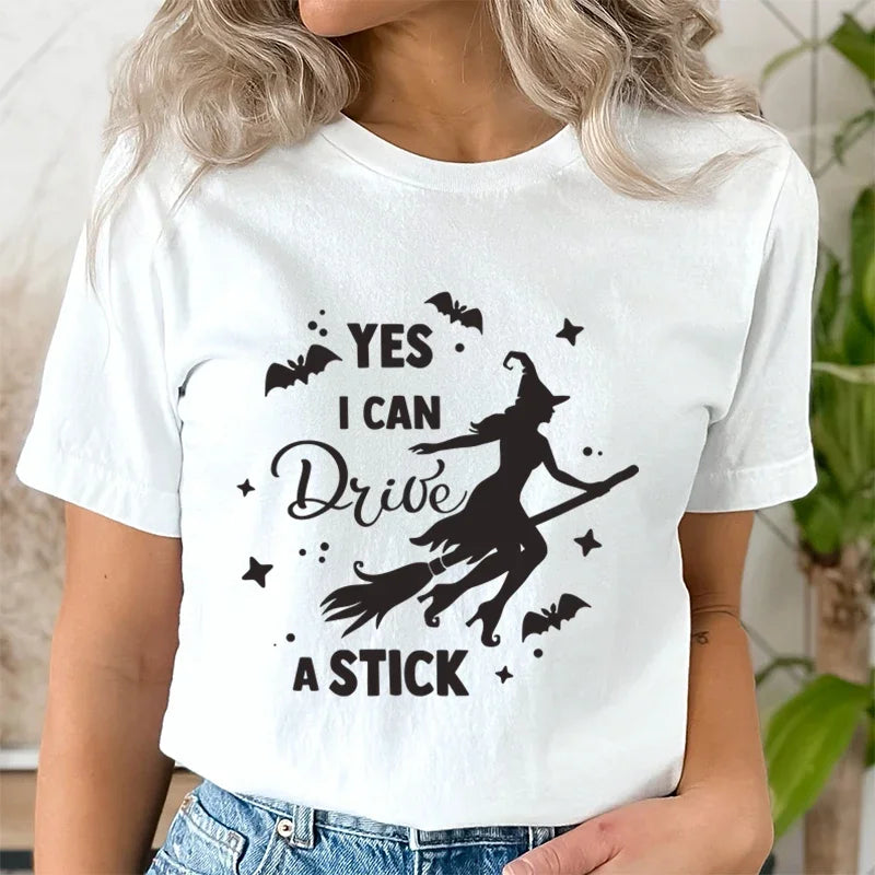 Yes I Can Drive A Stick Witch T Shirt - White