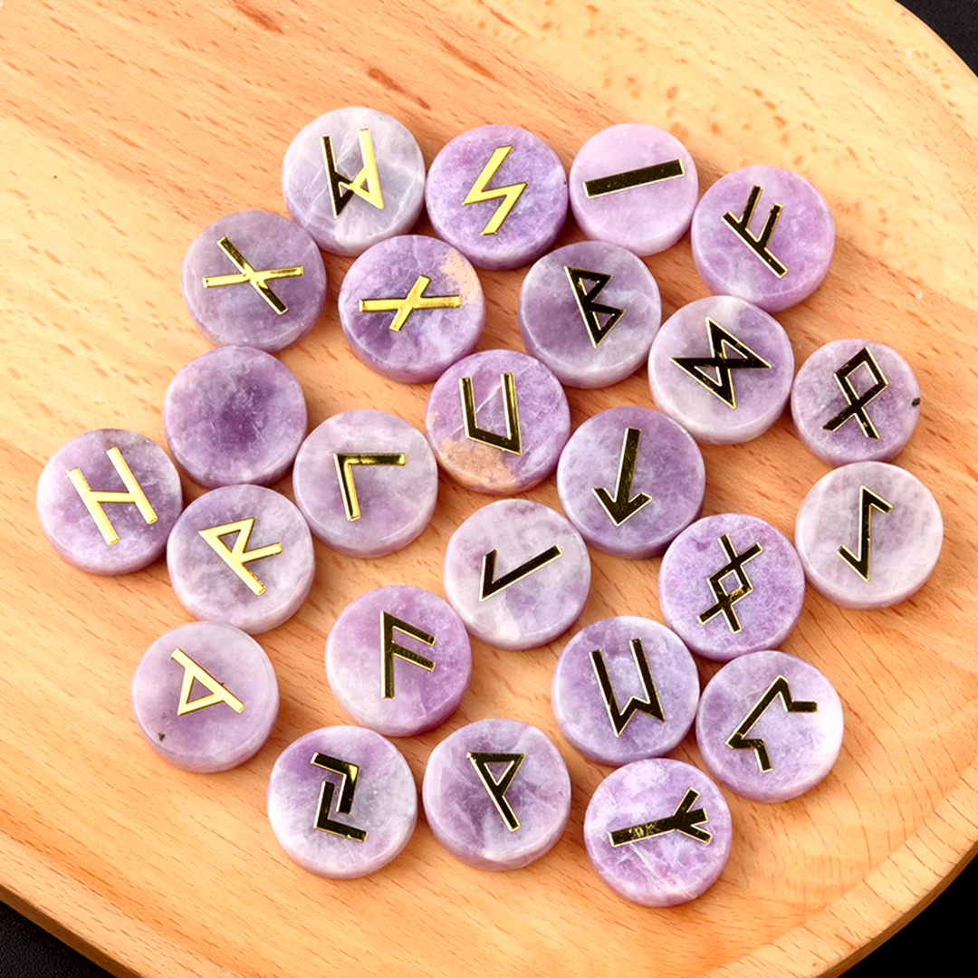 Lepdolite Round Crystal Rune Symbol Sets