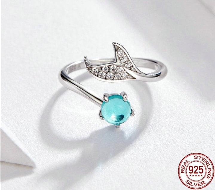 925 Sterling Silver Mermaid Tail Sea Glass Ring