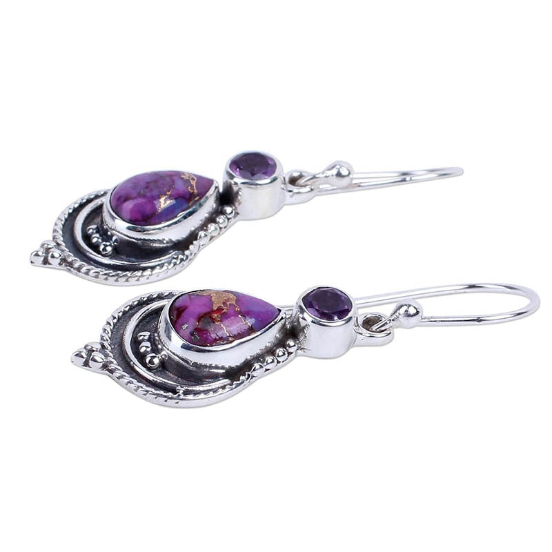 Amethyst Copper Turquoise Teardrop Sterling Earrings