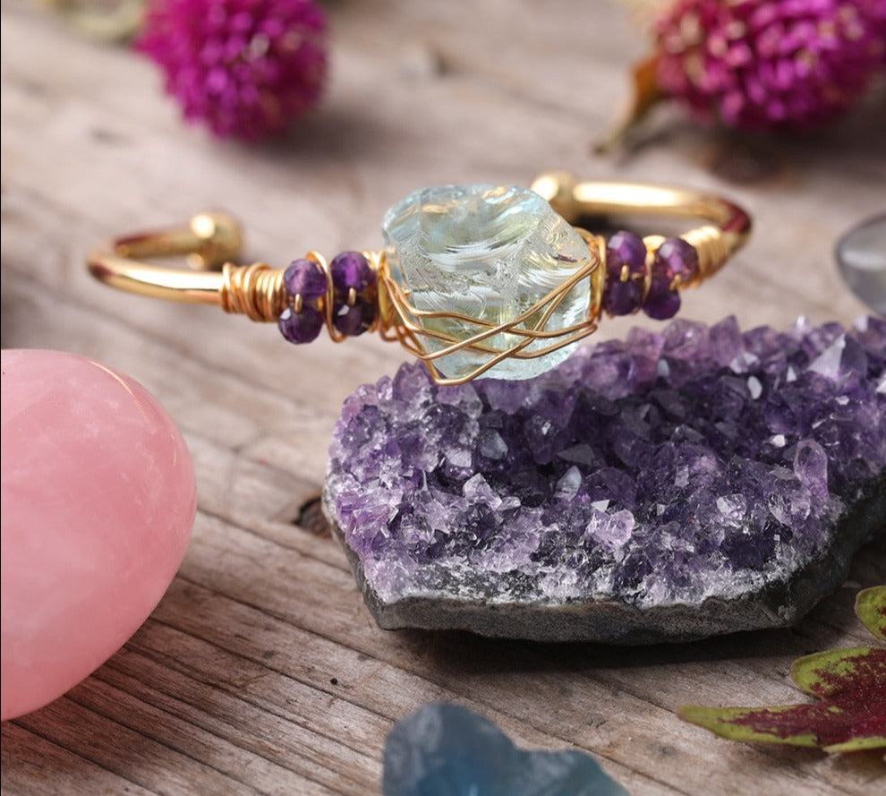Aquamarine Gold Wire Wrap Crystal Bracelets