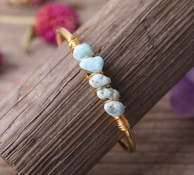 Aquamarine Wire Wrap Cuff Gold Bracelets