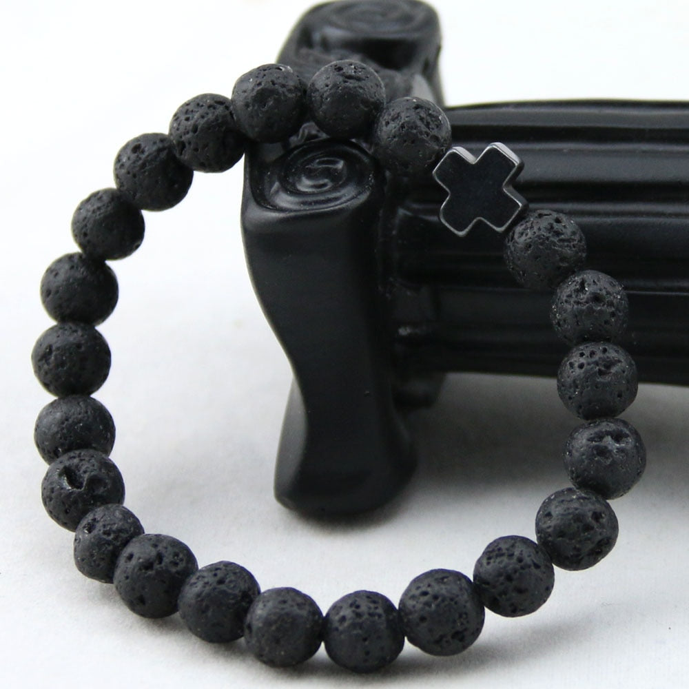 Black Cross Lava Rock Bead Bracelet