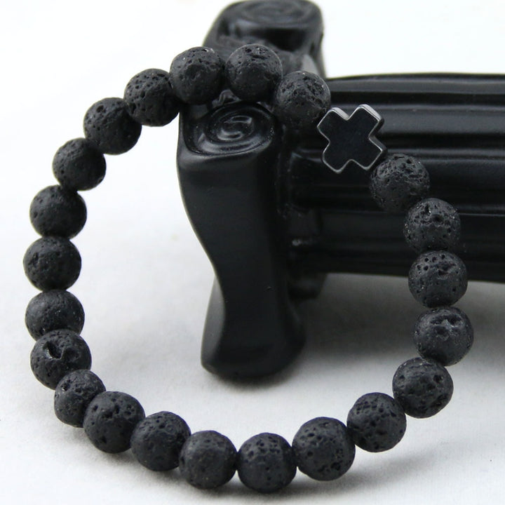 Black Cross Lava Rock Bead Bracelet