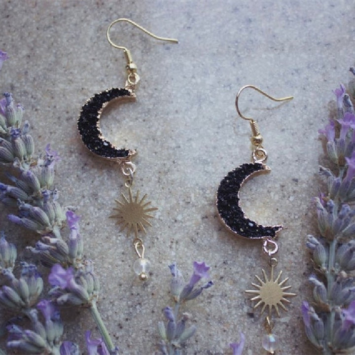 Black Druzy Crescent Moon Sun Earrings