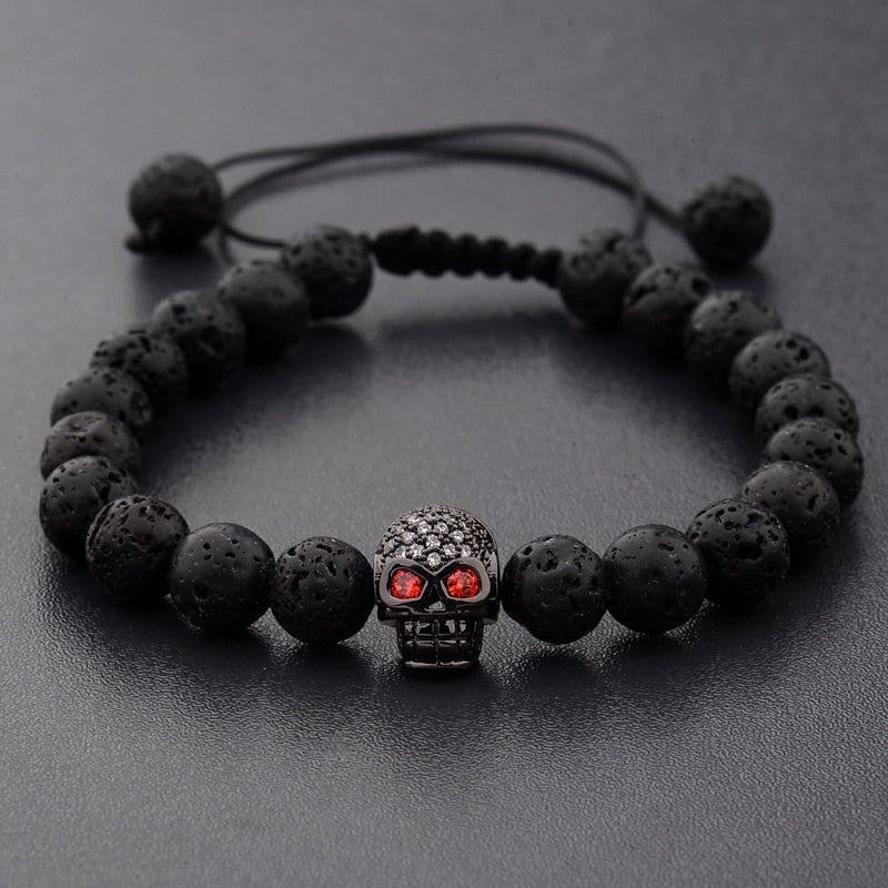 Black Skull Lava Rock Bead Bracelet