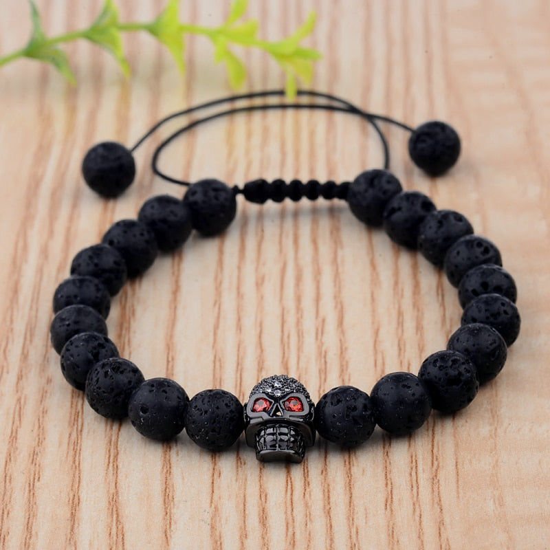 Black Skull Lava Rock Bead Bracelets